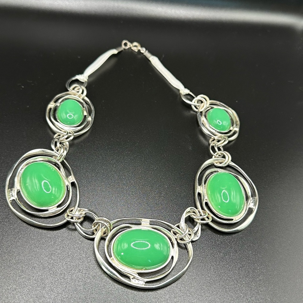 vintage statement, necklace women 18 inches long silver tone green stone